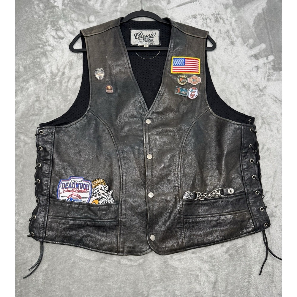 Vintage Leather Biker Vest Mens 2XL XXL Black Three Wheeler Rally Patches Moto
